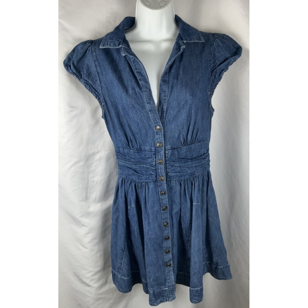 Free People Women's Small Chester Denim Mini Dress Blue Puff‎ Sleeve Smock Back